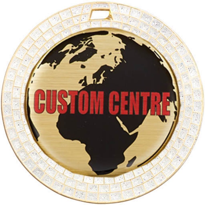 70MM WHITE GEMSTONE SPARKLE CUSTOM VINYL DOMED MEDAL - GOLD,SILVER OR BRONZE